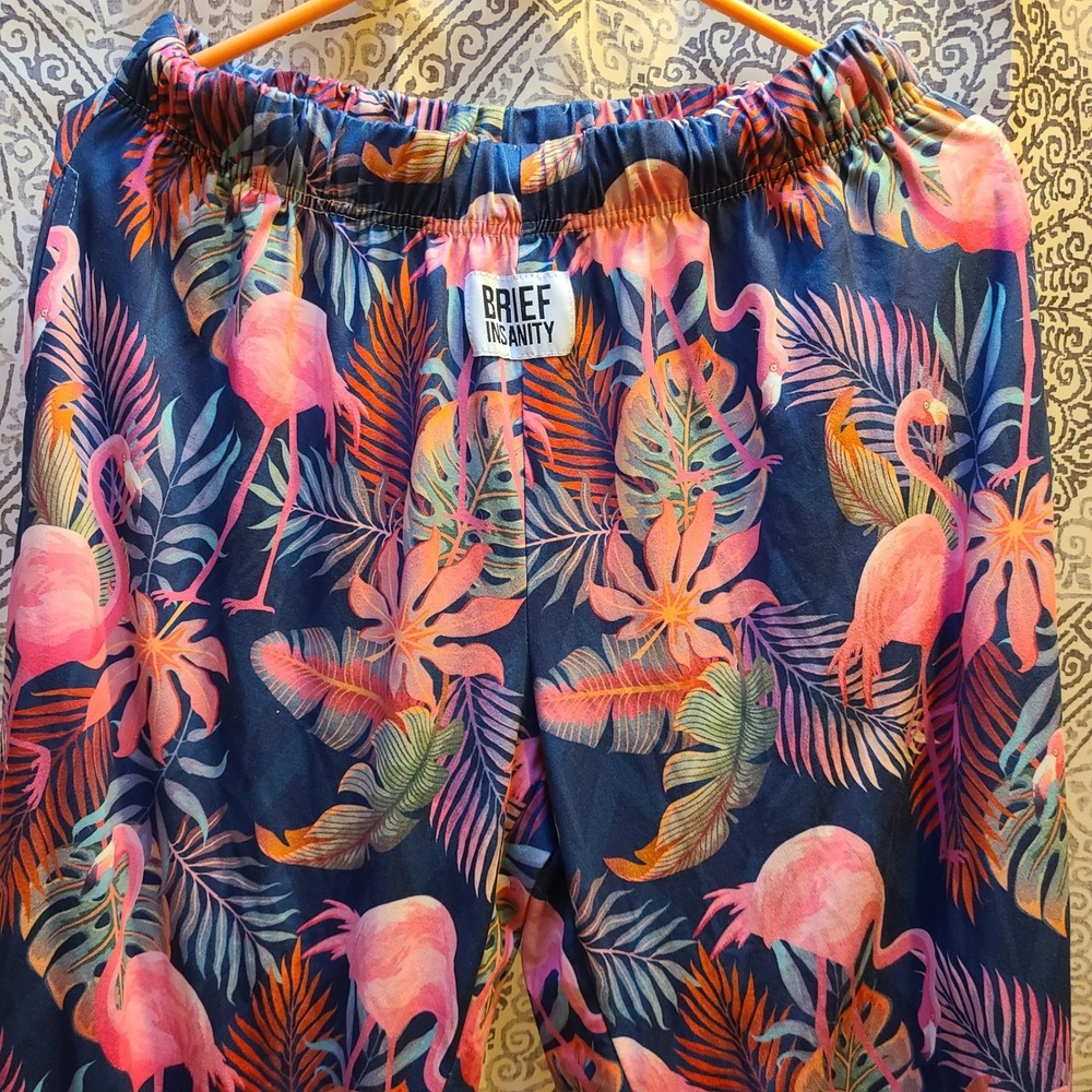 Brief Insanity Pajama Pants Womens Large Navy Pink Flamingo Tropical Excellent - Picture 2 of 8
